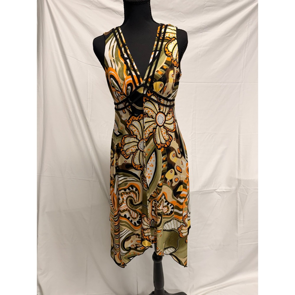 Retro Floral Handkerchief Hem Dress Orange Green Strappy Back Boho Sleeveless S